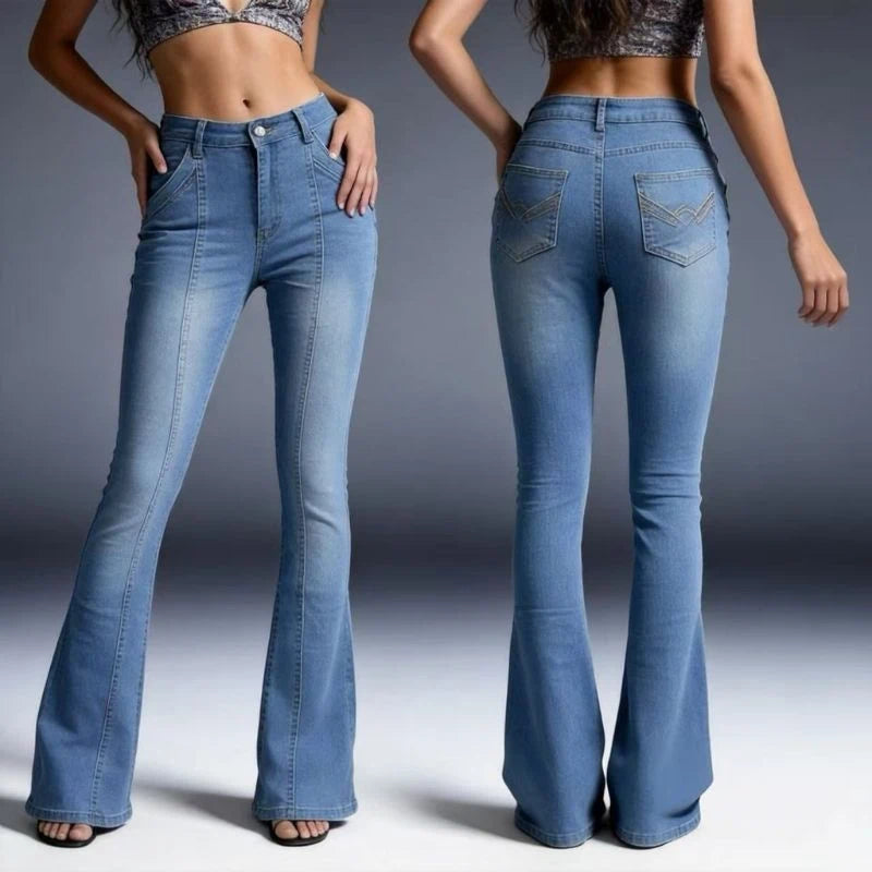 women's low rise bell bottom flare jeans, front and back views