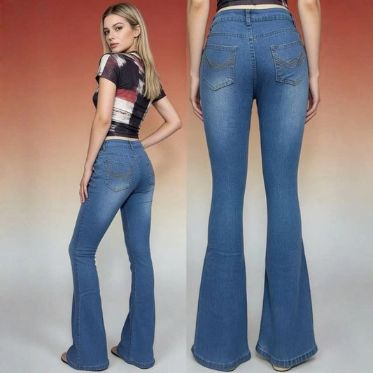 women's low rise bell bottom flare jeans, side and back views
