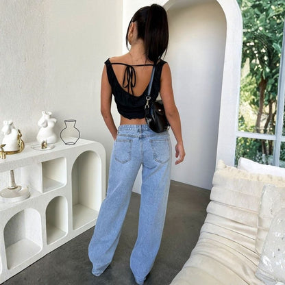 Women's low rise jeans trousers straight leg loose fit casual denim pants in blue, back view