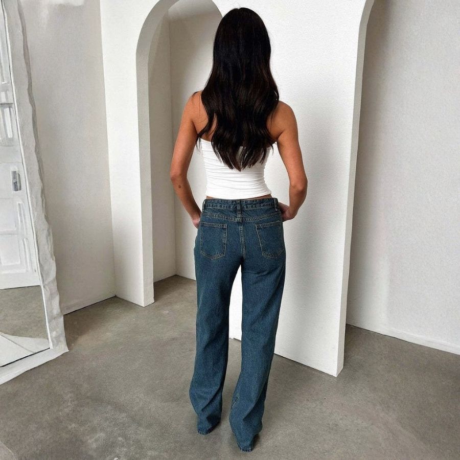 Women's low rise jeans trousers straight leg loose fit casual denim pants in navy, back view