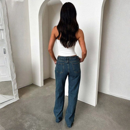 Women's low rise jeans trousers straight leg loose fit casual denim pants in navy, back view