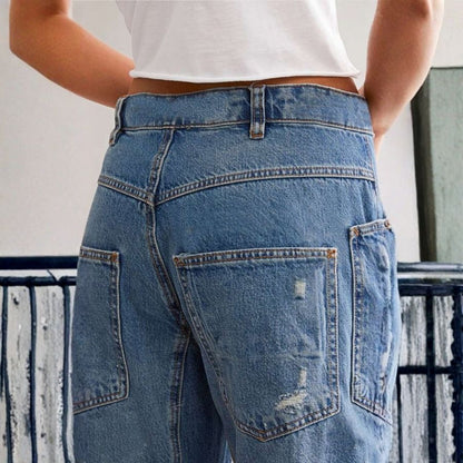 Women’s low rise ripped barrel jeans cropped straight leg baggy denim in blue, details view