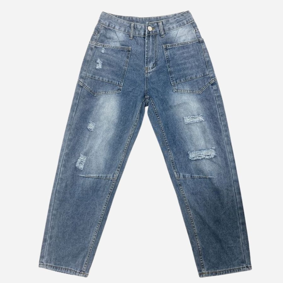 Women’s low rise ripped barrel jeans cropped straight leg baggy denim, front view