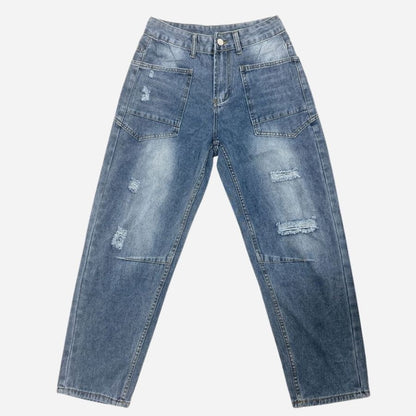 Women’s low rise ripped barrel jeans cropped straight leg baggy denim, front view