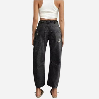 Women’s low rise ripped barrel jeans cropped straight leg baggy denim in black, back view