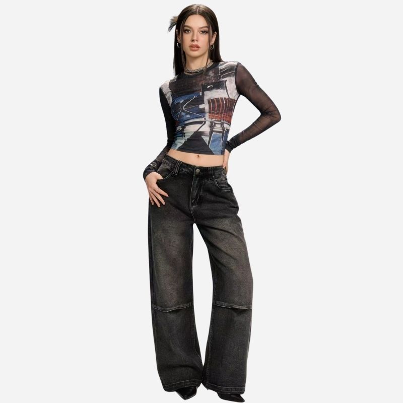 Women’s low rise baggy jeans angel wings back print denim in black