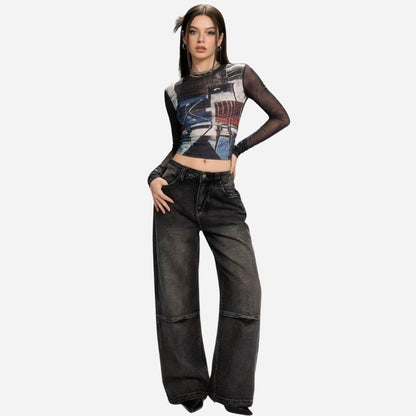 Women’s low rise baggy jeans angel wings back print denim in black