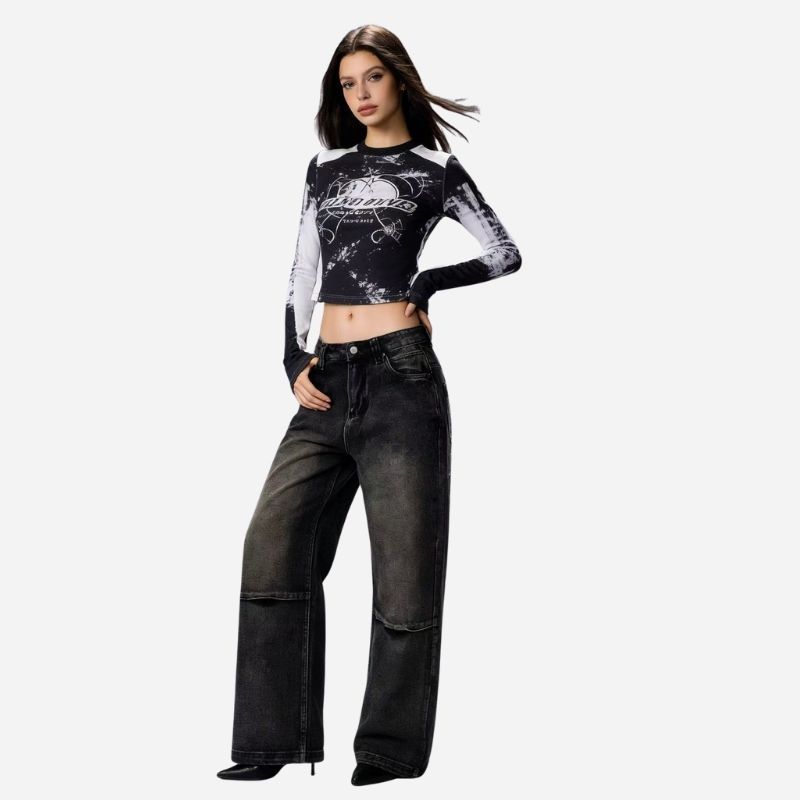 Women’s low rise y2k baggy jeans angel wings back print denim in black