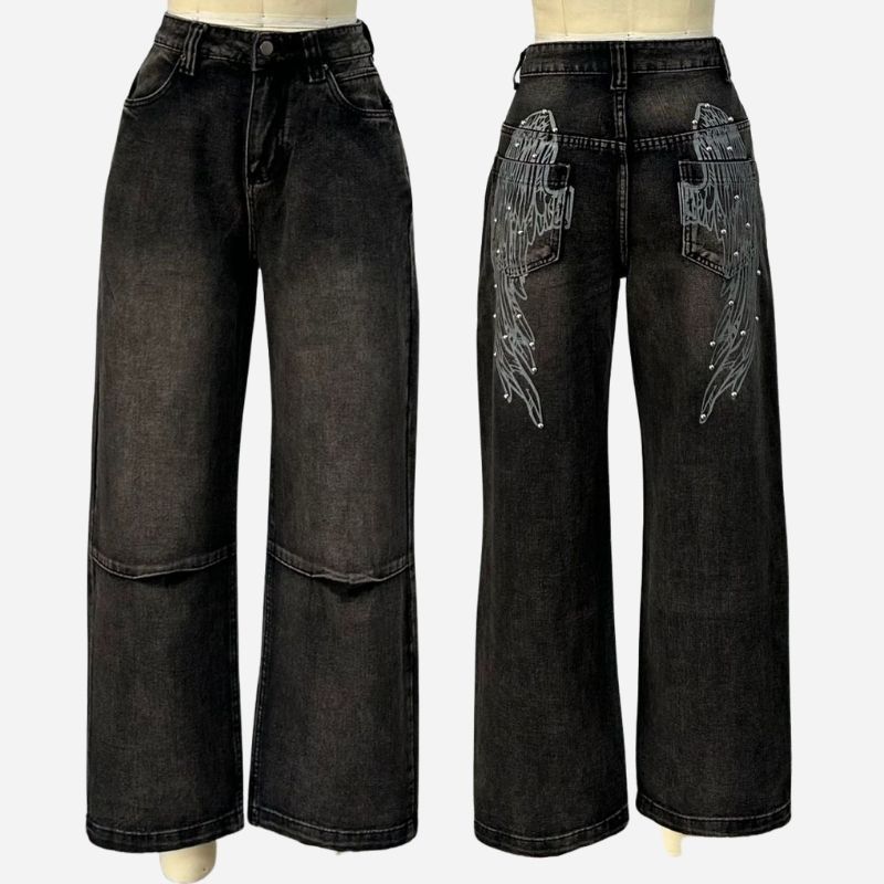 Women’s low rise y2k baggy jeans angel wings back print denim in black