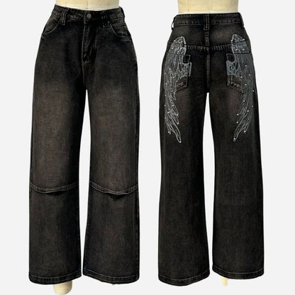 Women’s low rise y2k baggy jeans angel wings back print denim in black