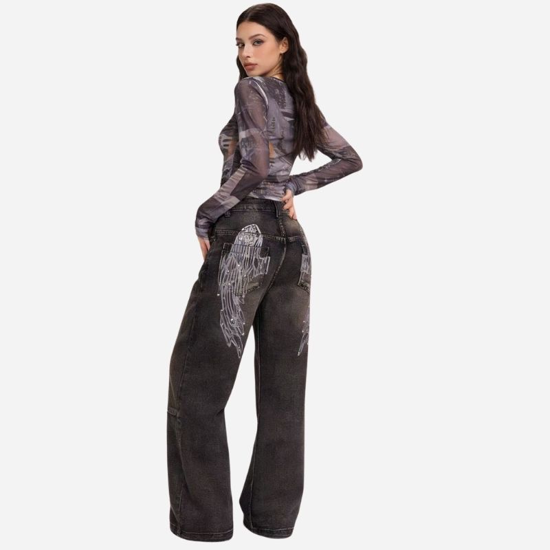 Women’s low rise y2k baggy jeans angel wings back print denim in black, back view
