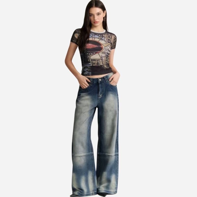 Women’s baggy jeans angel wings back print denim in blue, front view