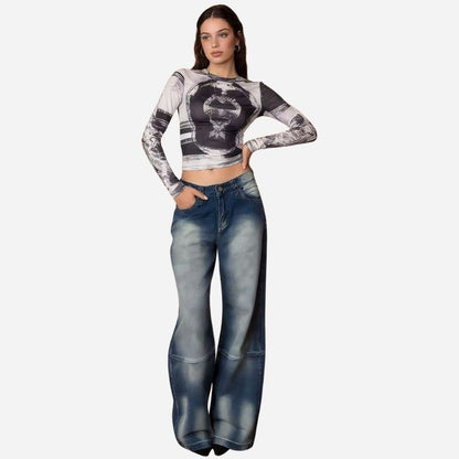 Women’s low rise y2k jeans angel wings back print denim in blue