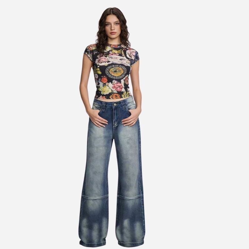 Women’s low rise y2k baggy jeans angel wings back print denim in blue, front view