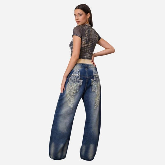 Women’s low rise y2k baggy jeans angel wings back print denim in blue, back view