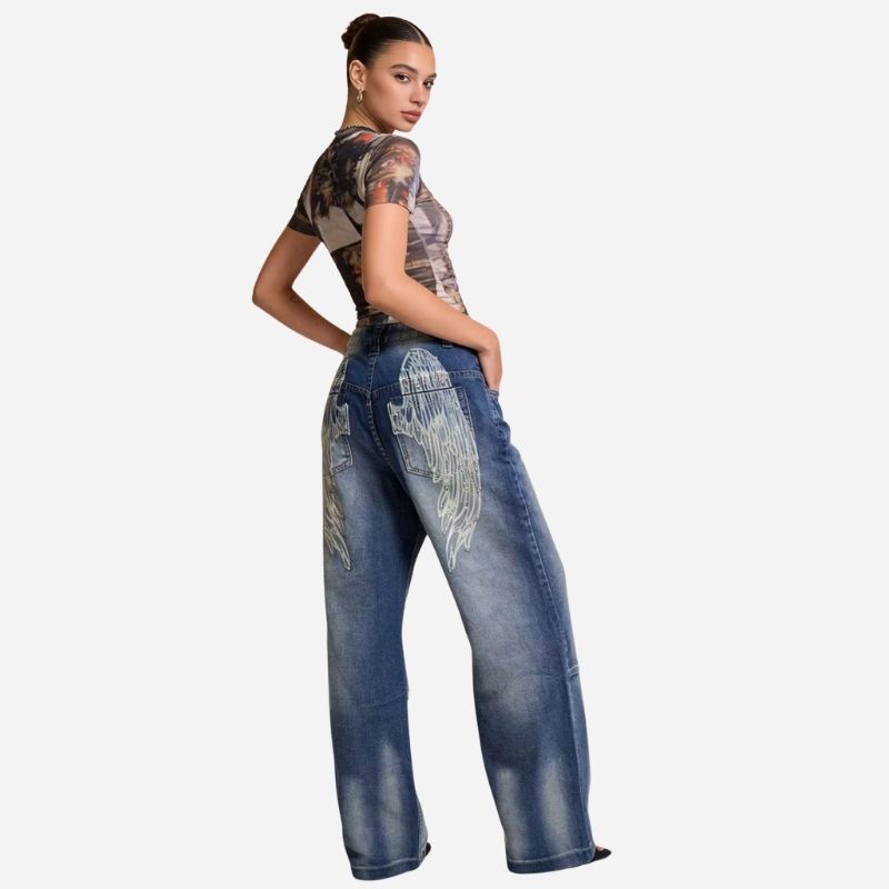 Women’s low rise baggy jeans angel wings back print denim in blue, back view