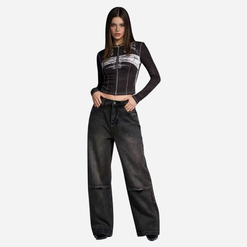 Women’s y2k baggy jeans angel wings back print denim in black