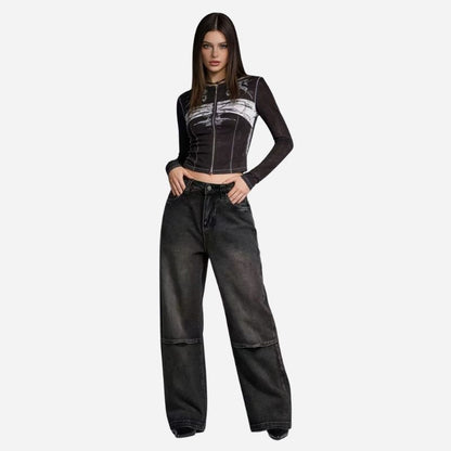 Women’s y2k baggy jeans angel wings back print denim in black