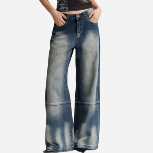 Women’s low rise y2k baggy jeans angel wings back print denim in blue