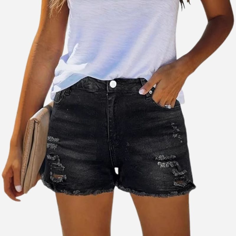 Women's ripped denim jeans shorts in black, front view