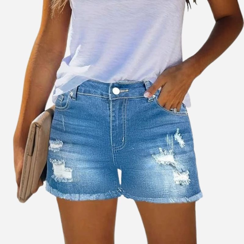 Women's ripped denim jeans shorts in blue, front view