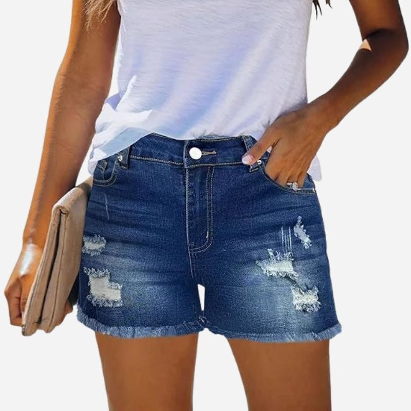 Women's ripped denim jeans shorts in navy, front view