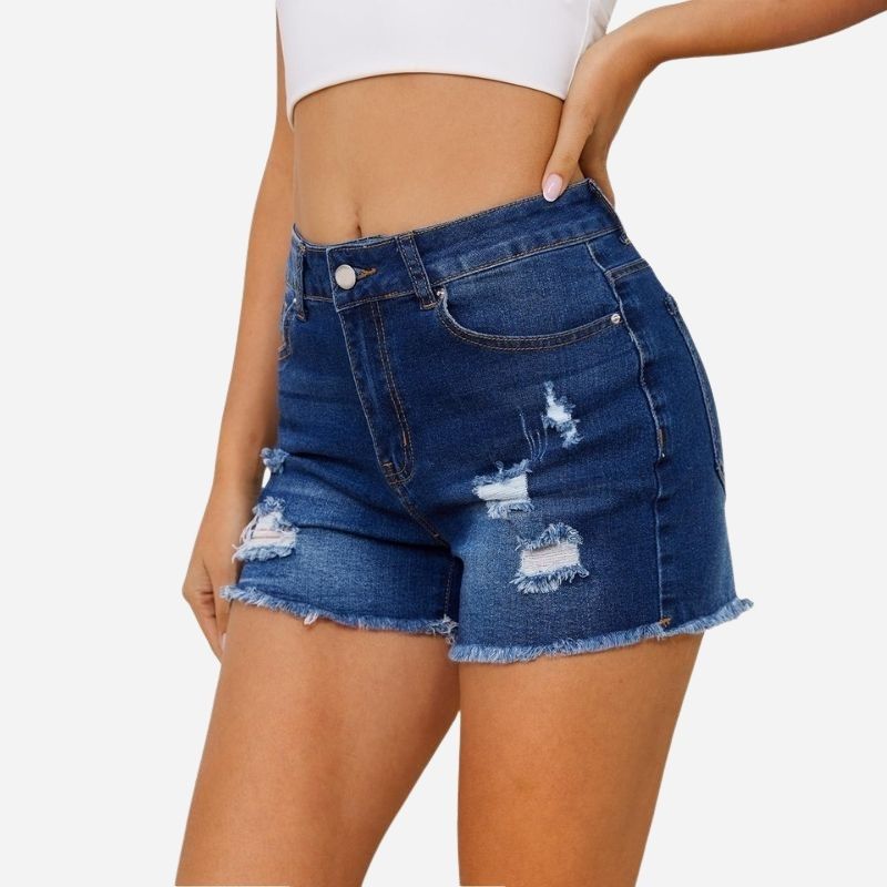 Women's ripped denim jeans shorts in navy, side view