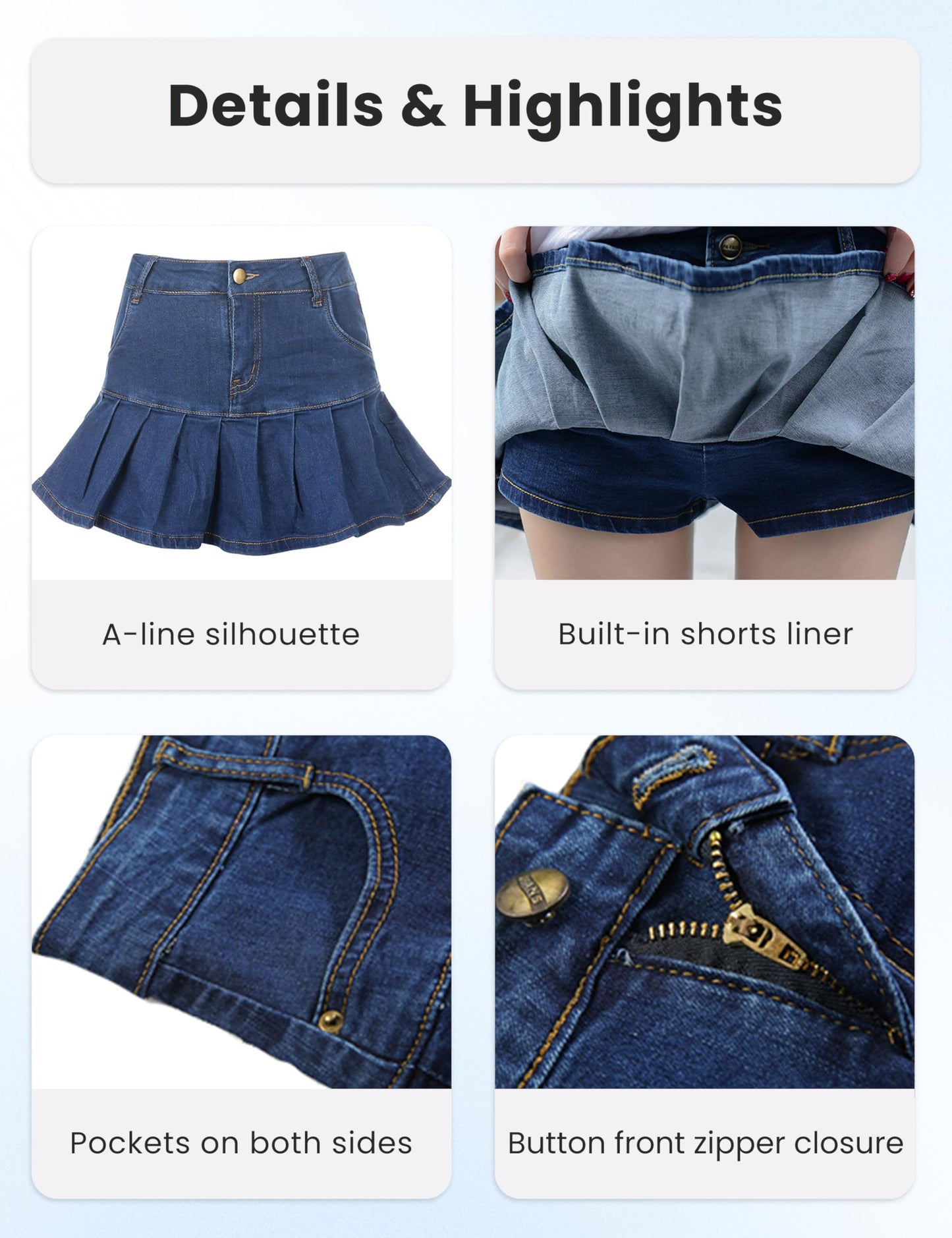 Women’s Pleated A-Line Mini Denim Skirt – Casual Ruffle Jean Skirt Y2K Style navy color with details