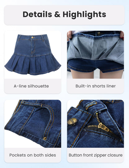 Women’s Pleated A-Line Mini Denim Skirt – Casual Ruffle Jean Skirt Y2K Style navy color with details