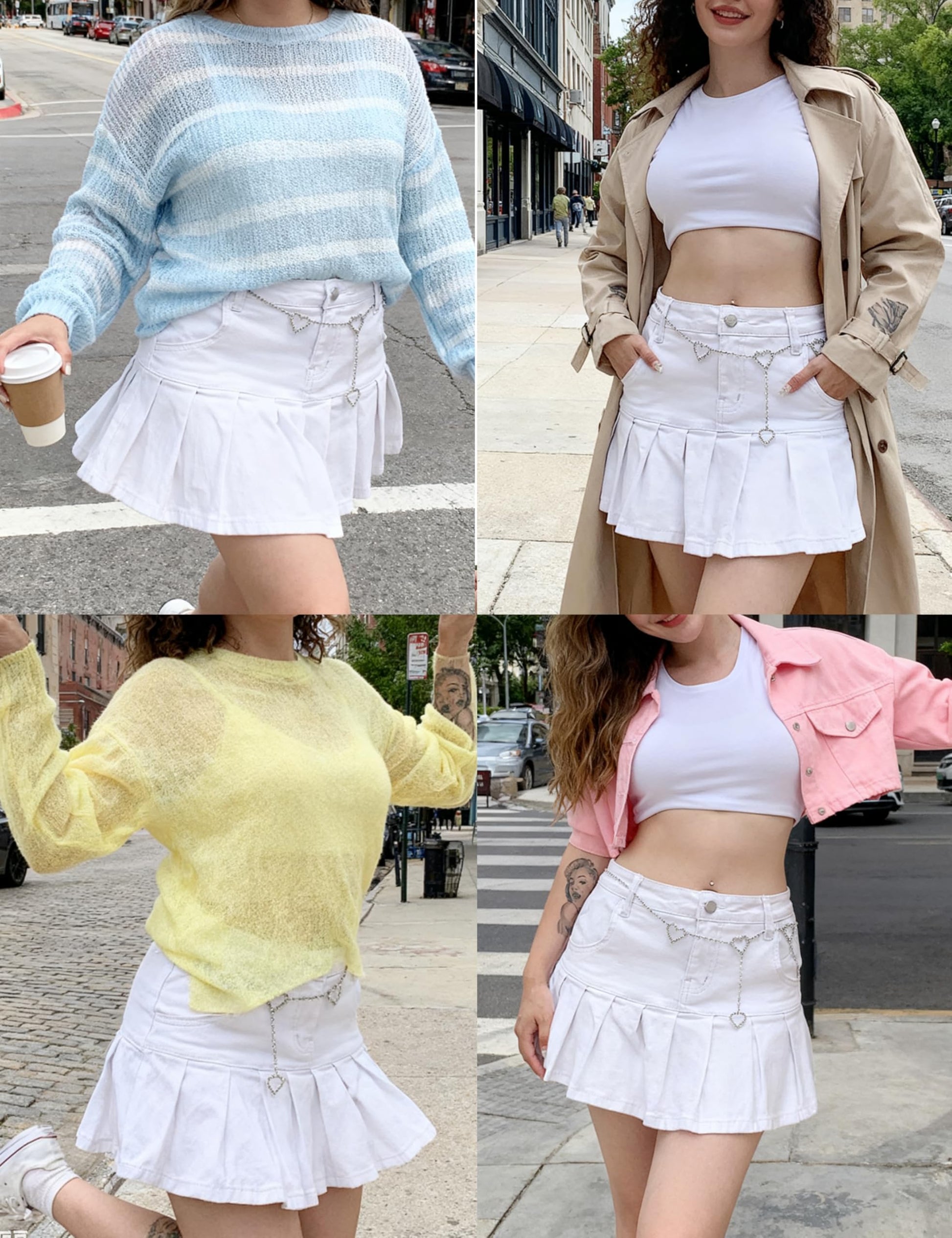 Women’s Pleated A-Line Mini Denim Skirt – Casual Ruffle Jean Skirt Y2K Style white color buyer show