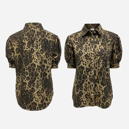 Women's Puff Sleeve Denim Shirt Jean Blouse in Leopard, front and back views