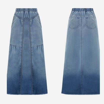 Women’s retro a-line maxi denim skirt – elastic high waist jean skirt, front and back views
