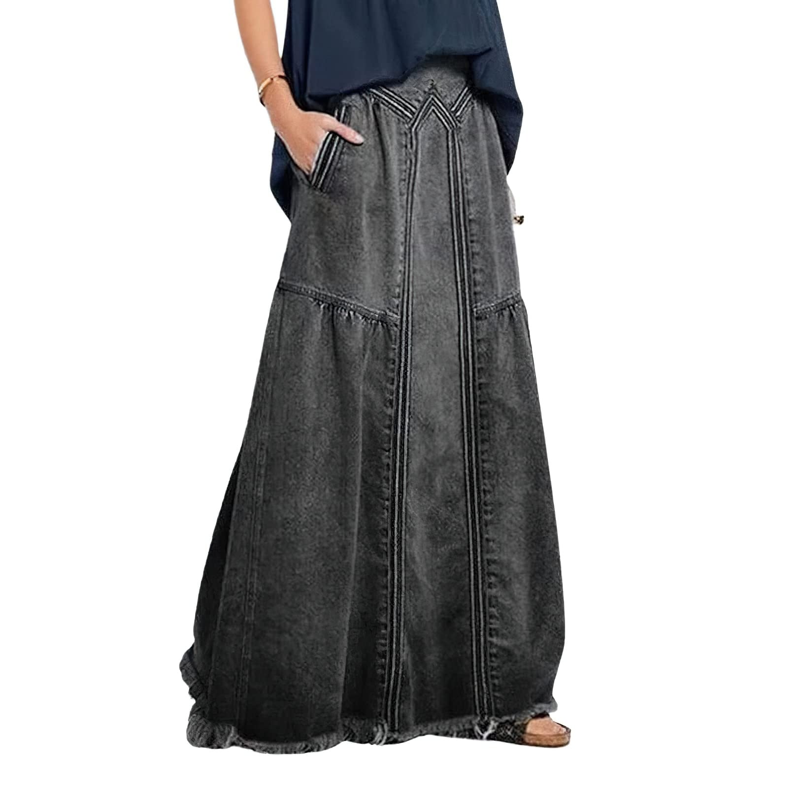 Women’s Retro A-Line Maxi Denim Skirt – Elastic High Waist Jean Skirt with Frayed Hem Black Color