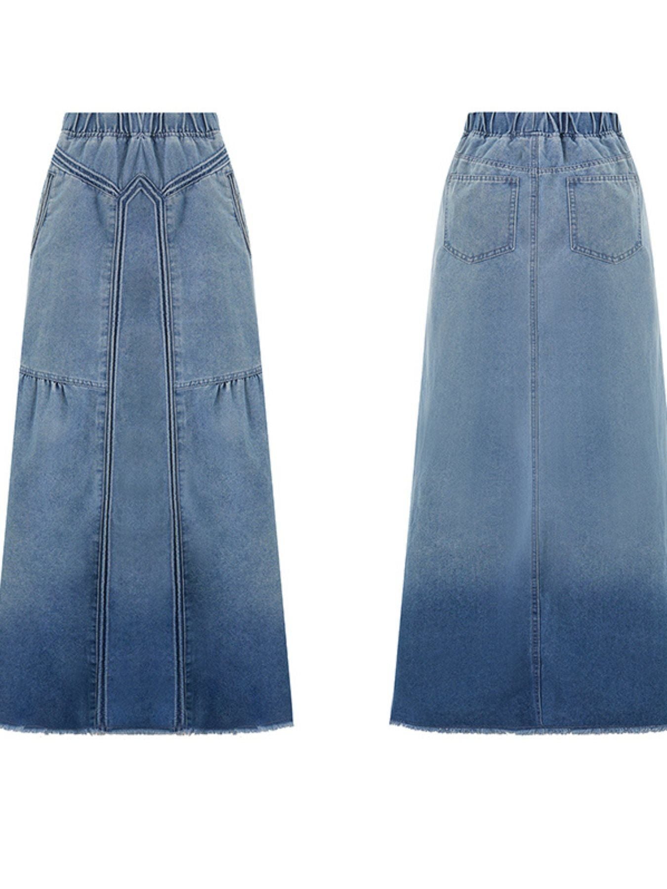Women's Retro Jeans Skirt Elastic High Waist Frayed A-Line Maxi Denim Skirt