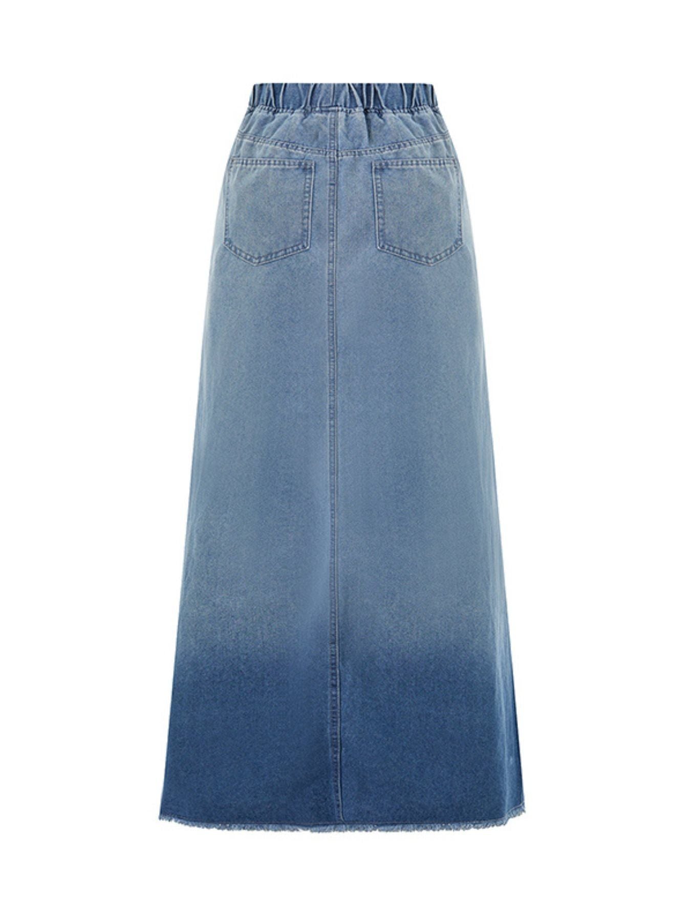 Women's Retro Jeans Skirt Elastic High Waist Frayed A-Line Maxi Denim Skirt