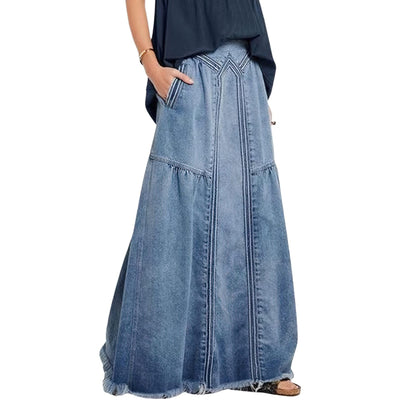Women's Retro Jeans Skirt Elastic High Waist Frayed A-Line Maxi Denim Skirt