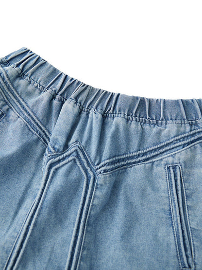 Women's Retro Jeans Skirt Elastic High Waist Frayed A-Line Maxi Denim Skirt