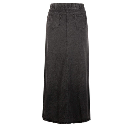 Women's Retro Jeans Skirt Elastic High Waist Frayed A-Line Maxi Denim Skirt