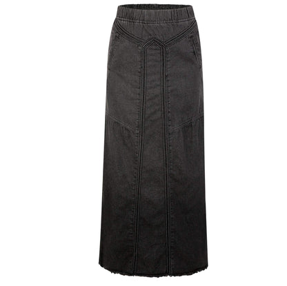 Women's Retro Jeans Skirt Elastic High Waist Frayed A-Line Maxi Denim Skirt