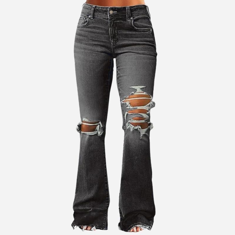 Women's ripped bell bottom jeans bootcut denim flare jeans pants in black, front view