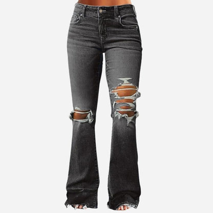 Women's ripped bell bottom jeans bootcut denim flare jeans pants in black, front view