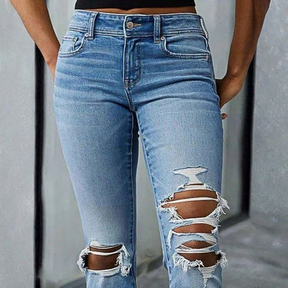 Women's ripped bell bottom jeans bootcut denim flare jeans pants in blue, details view