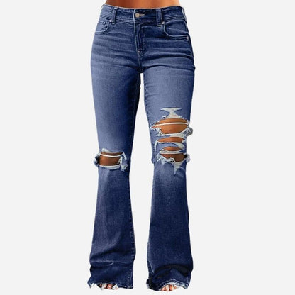 Women's ripped bell bottom jeans bootcut denim flare jeans pants in navy, front view