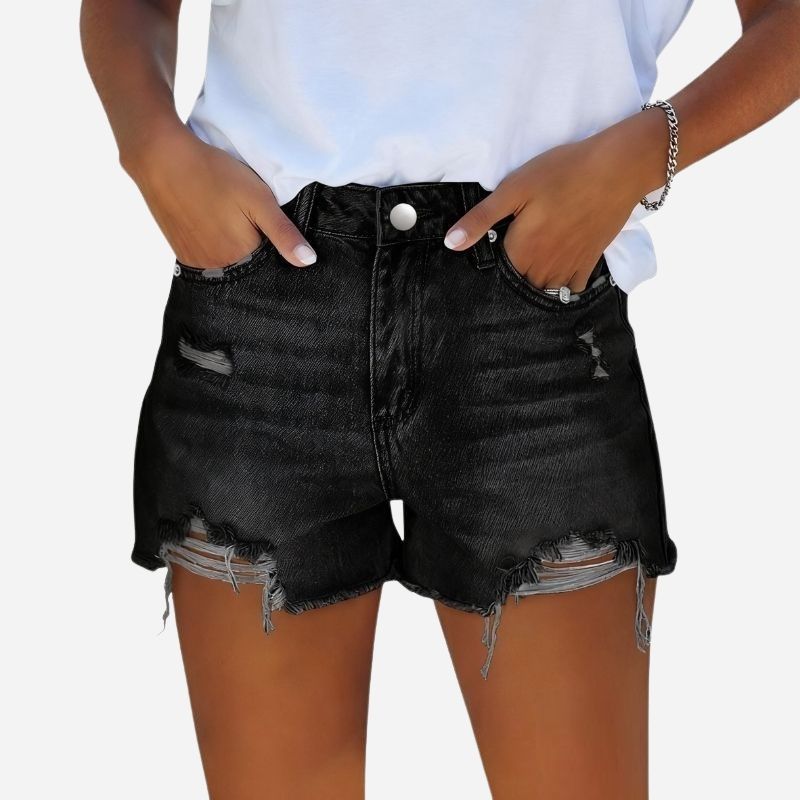 Women's ripped denim jeans shorts in black, front view