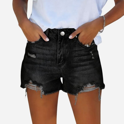 Women's ripped denim jeans shorts in black, front view