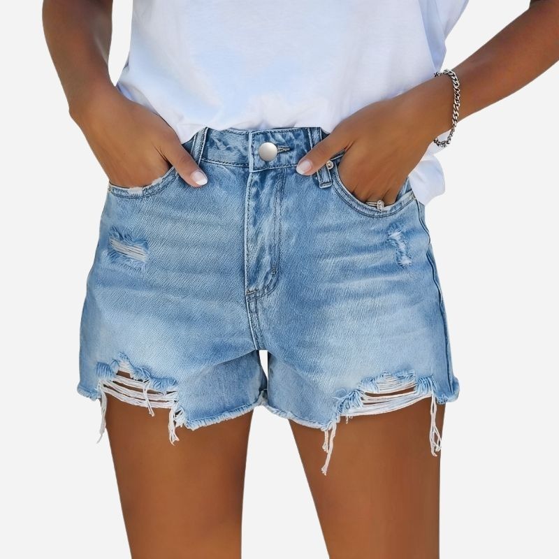 Women's ripped denim jeans shorts in blue, front view