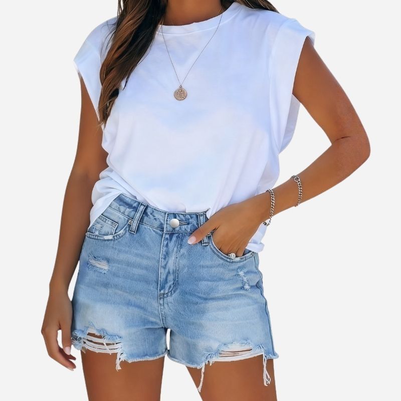 Women's ripped denim jeans shorts in blue, front view