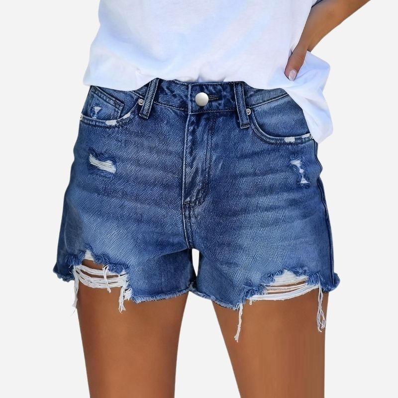 Women's ripped denim jeans shorts in navy, front view