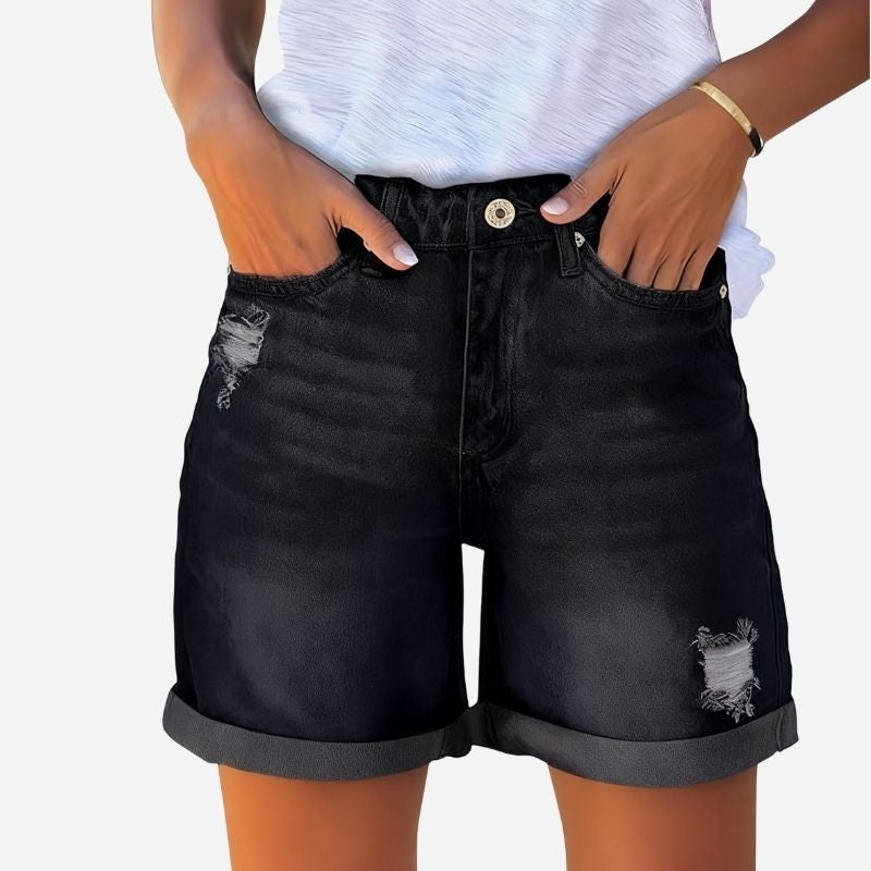 Women's Ripped Denim Shorts High Rise Distressed Rolled Hem Jeans Shorts black color