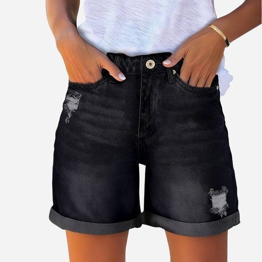 Women's Ripped Denim Shorts High Rise Distressed Rolled Hem Jeans Shorts black color